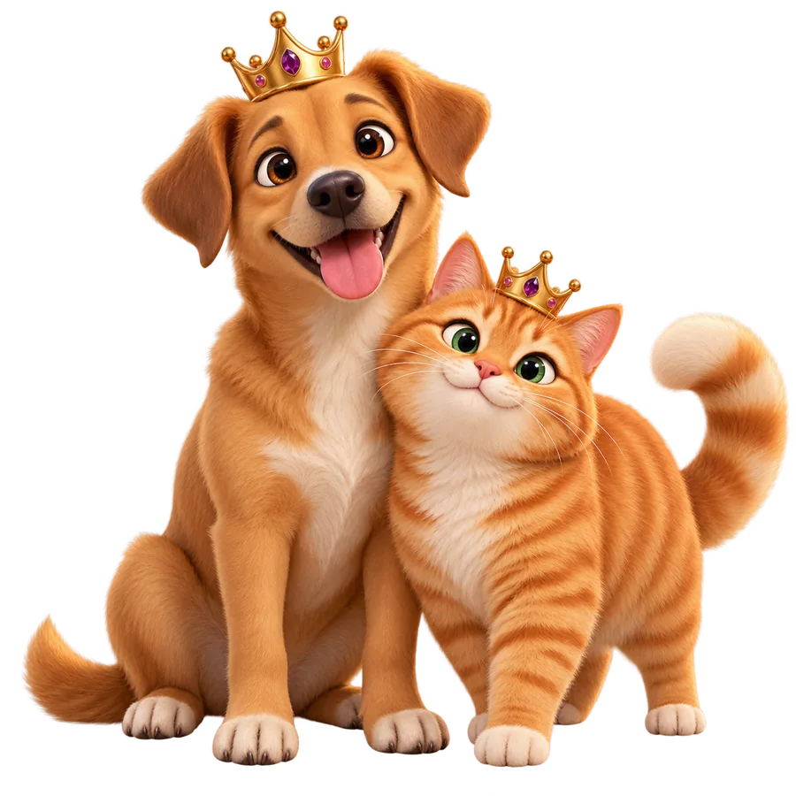 Un perro y un gato con coronitas doradas