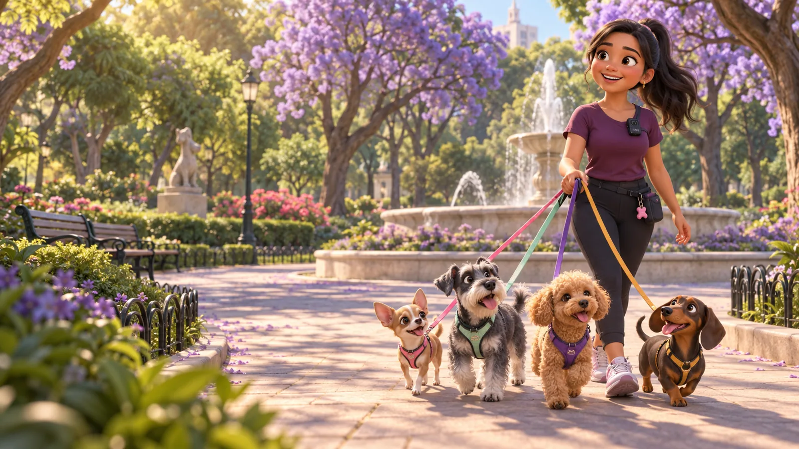 Paseadora con un grupo de perritos en un parque de Benito Juárez
