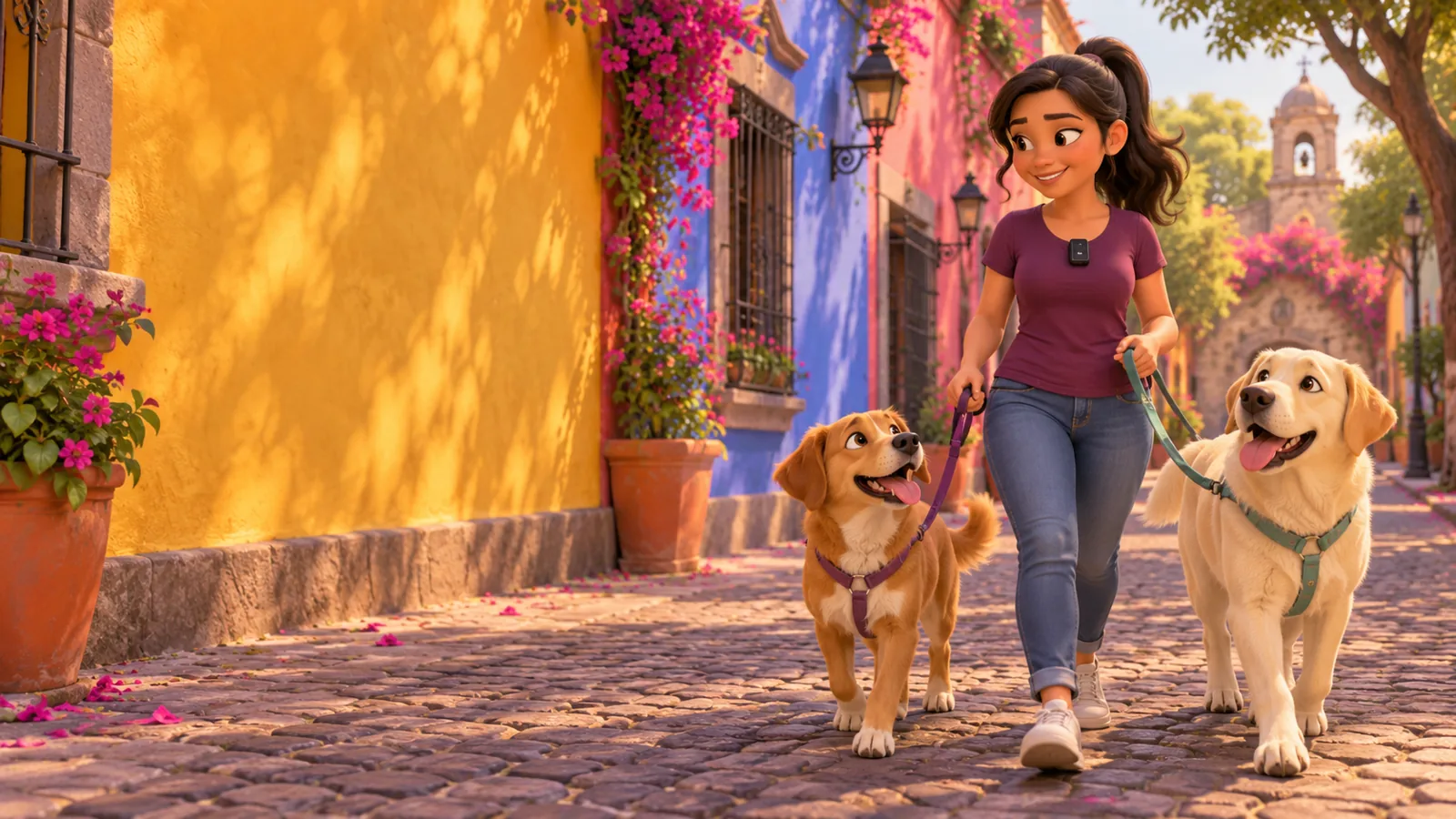 Paseadora con dos perros en una calle colorida de Coyoacán